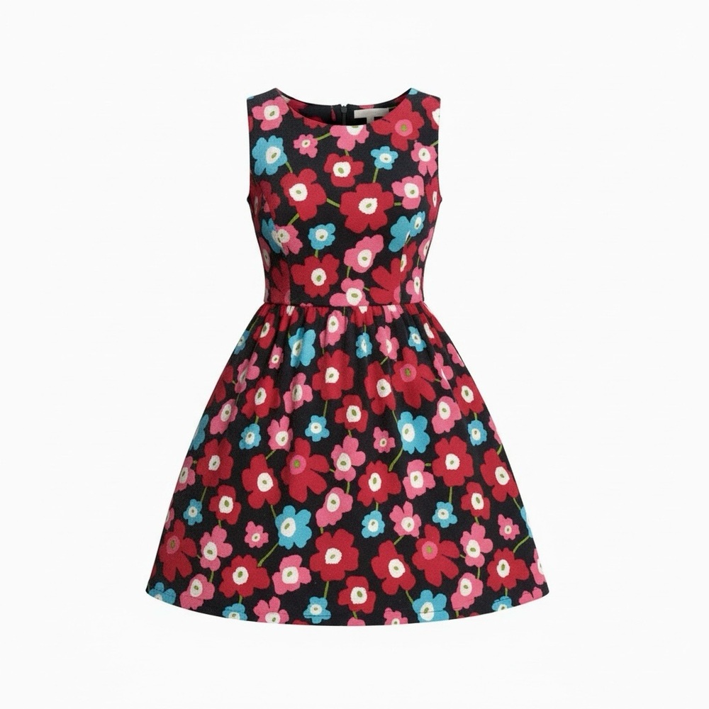 Monteau Fit & Flare Mini Dress Sz S Mod Floral Textured Cut-Out Back Bows